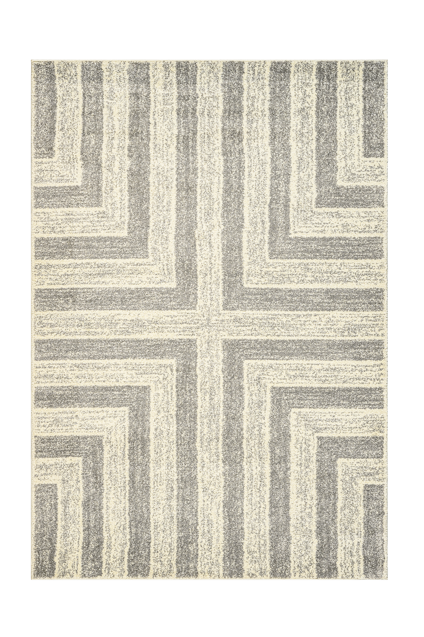 Geometric patterned rug with alternating light and dark gray stripes on a white background
