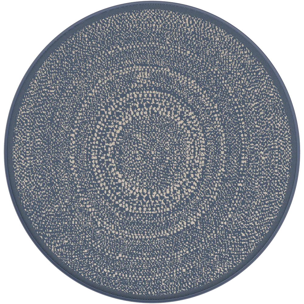 Round blue rug with a textured pattern on a white background