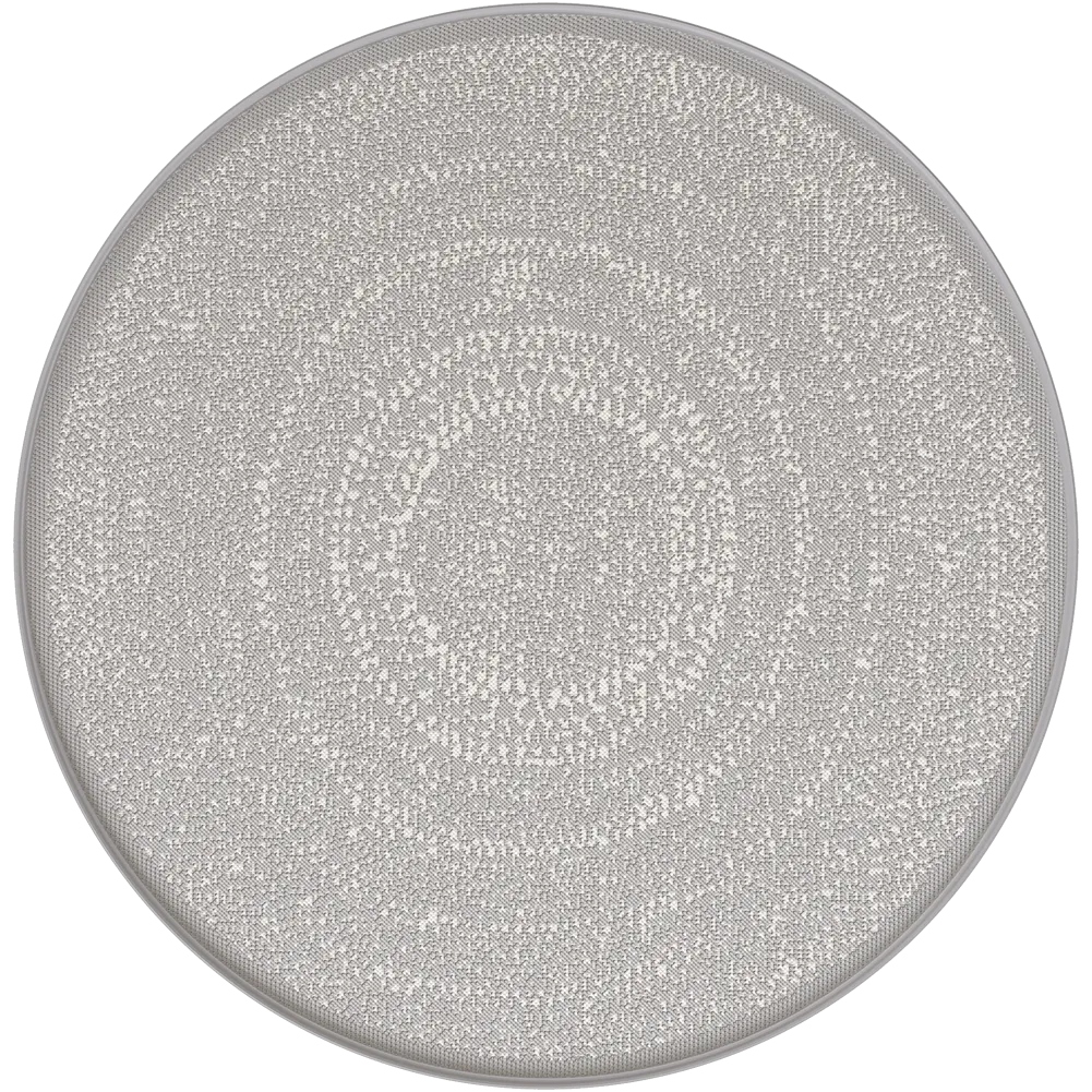 Round gray rug with a textured pattern on a white background