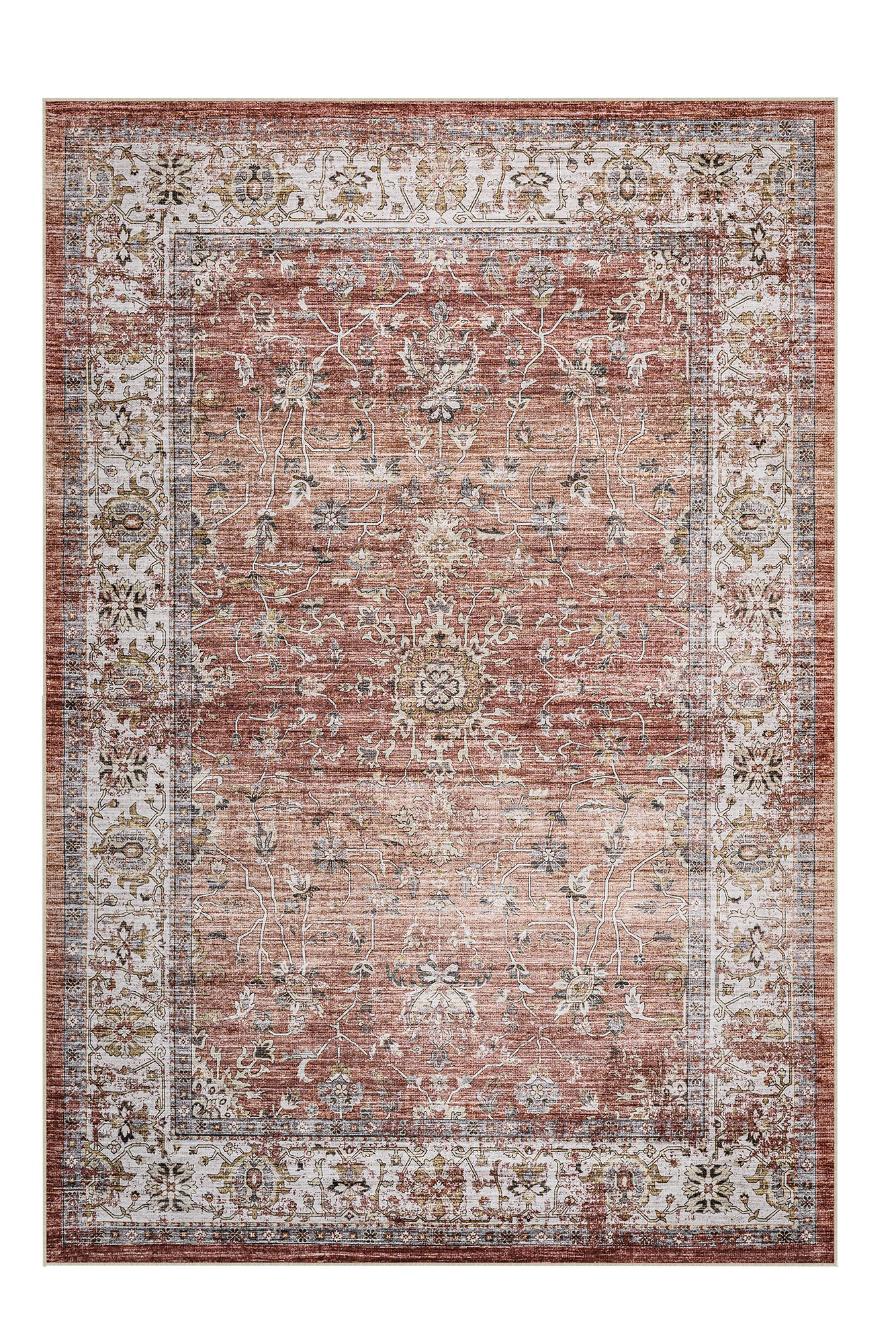 Decorative rug with intricate patterns in red and beige on a white background