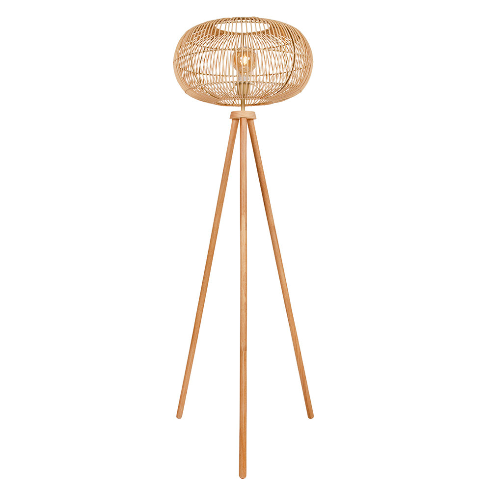 Wooden floor lamp with a woven lampshade on a white background