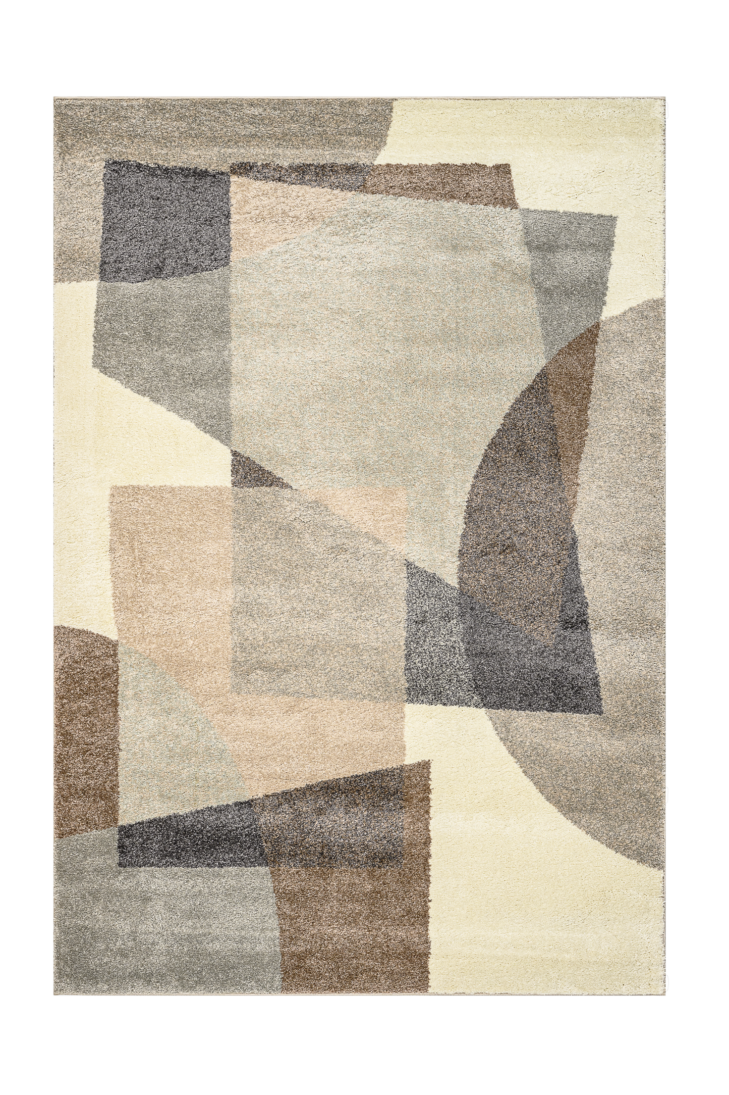 Geometric patterned rug with shades of brown, gray, and beige on a white background