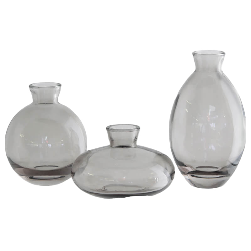 Set of three clear glass vases on a white background with 'SET OF 3' text.
