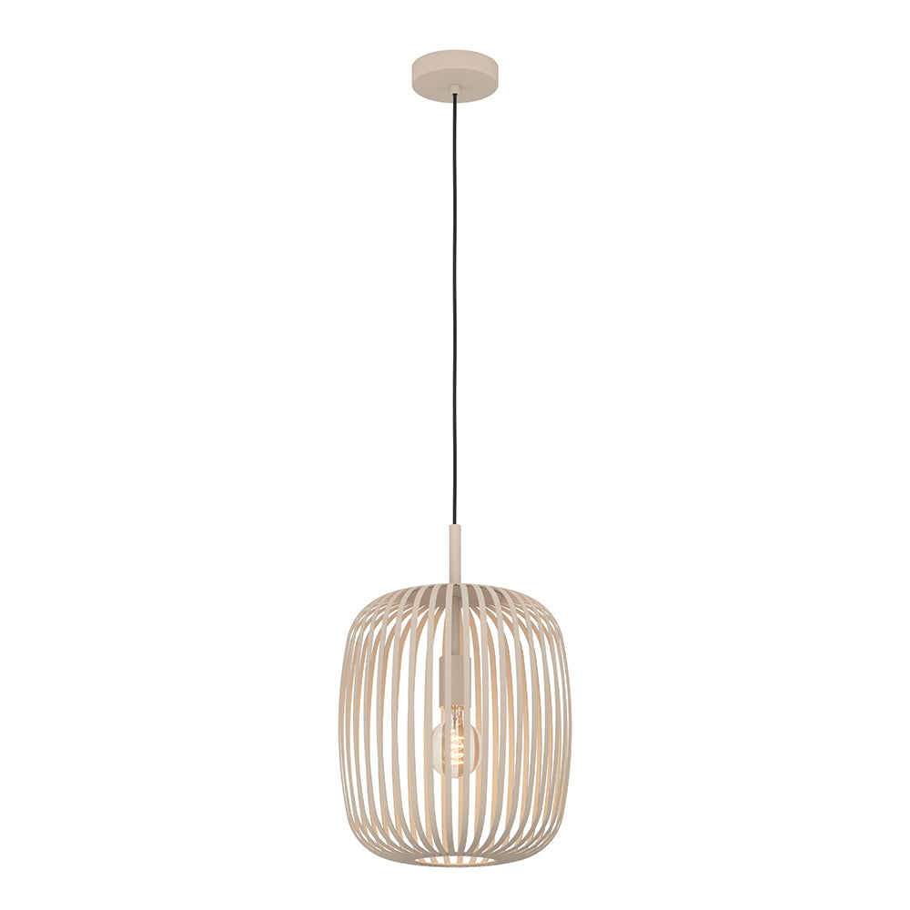 Pendant light with wooden cage design on a white background