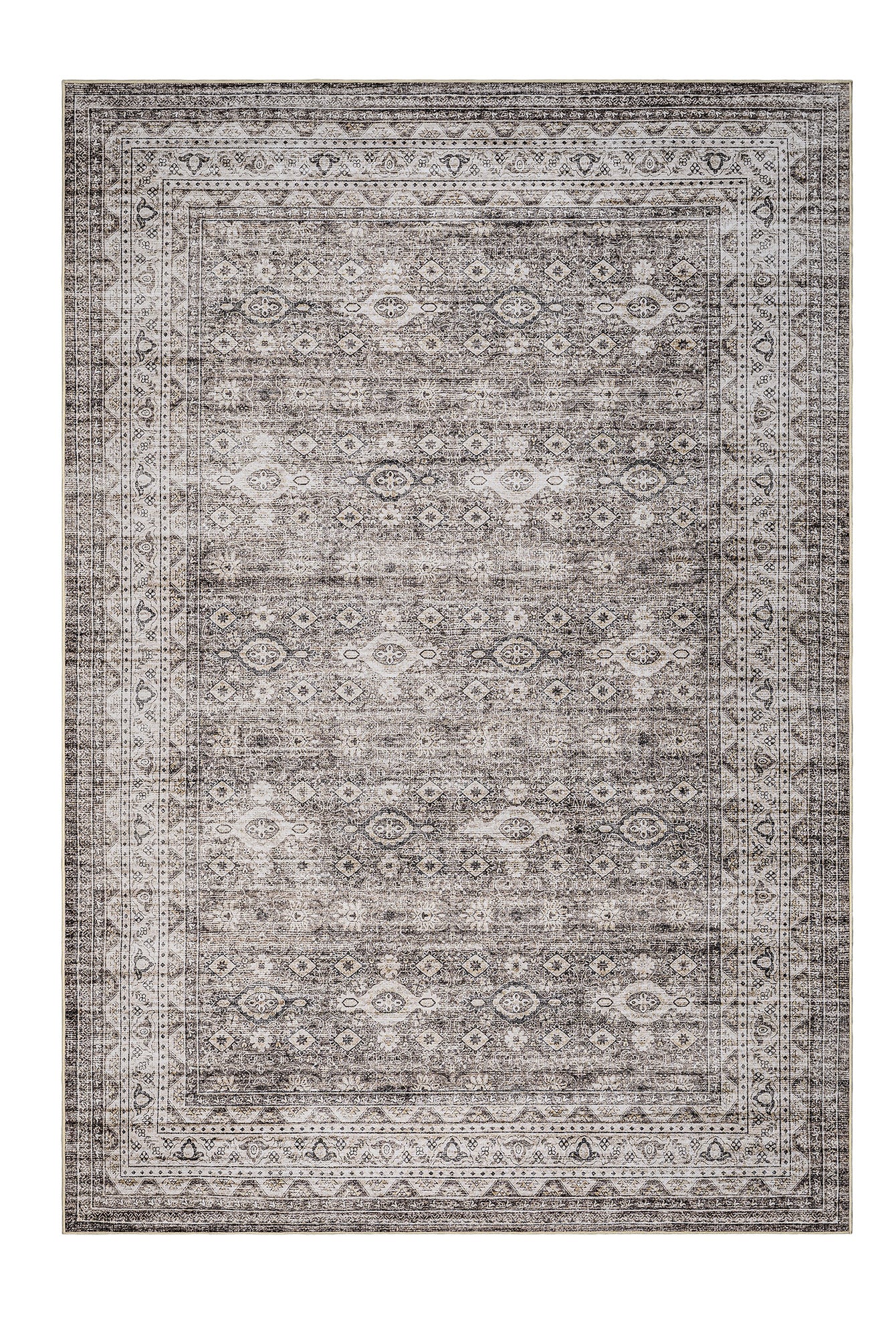 Patterned rug with geometric design on a white background
