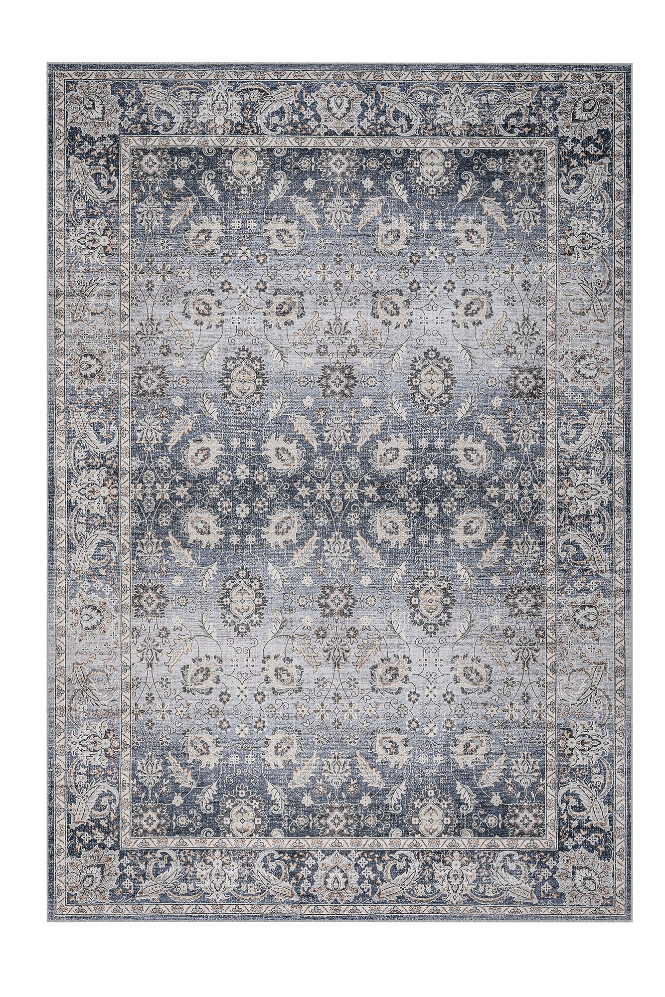 Decorative rug with intricate patterns in blue and beige on a white background