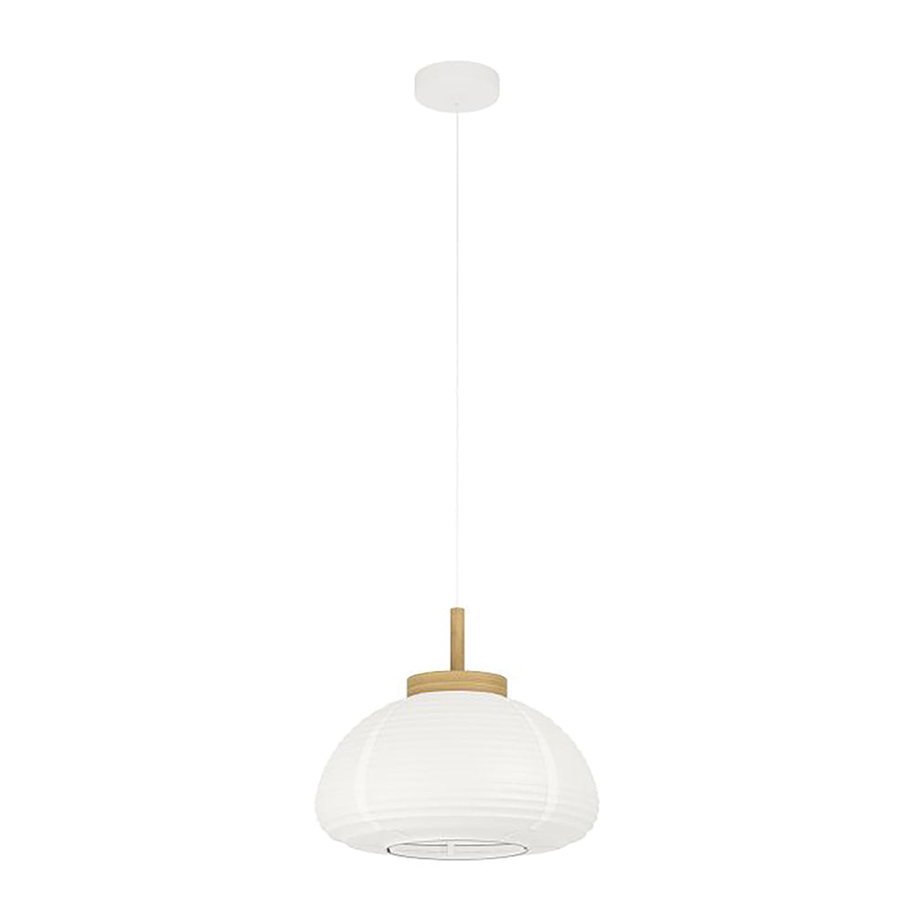 Pendant light with white glass shade and gold fixture on a white background