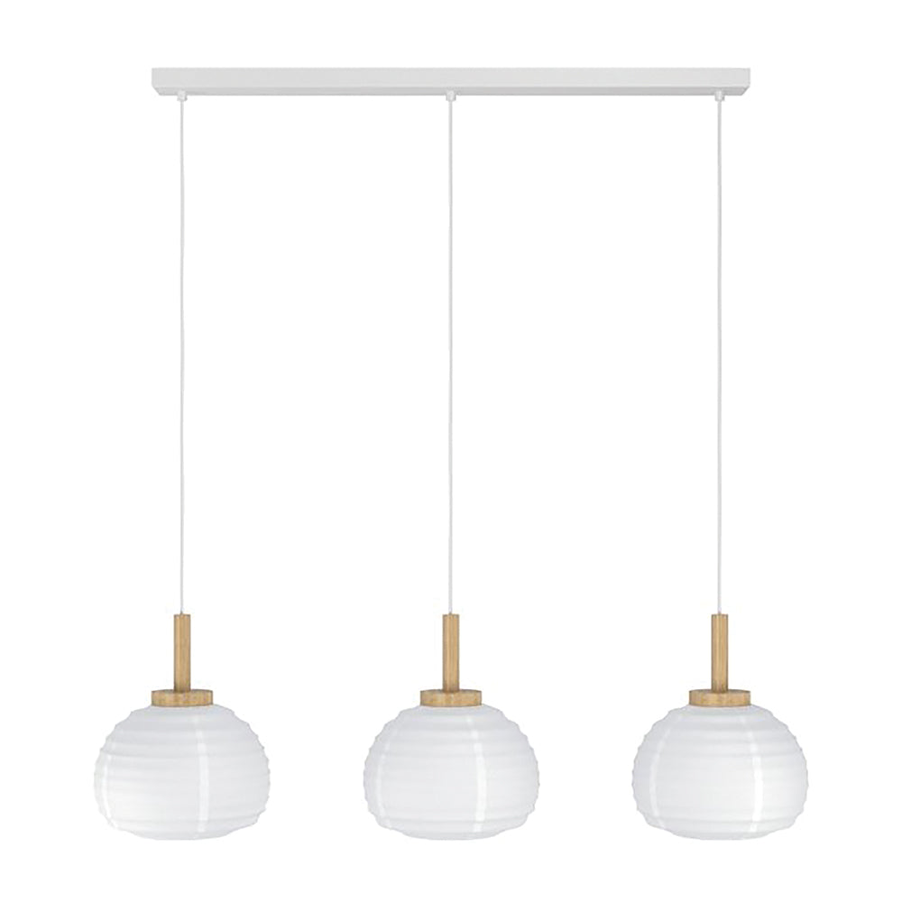 Modern pendant light with three glass shades on a white background