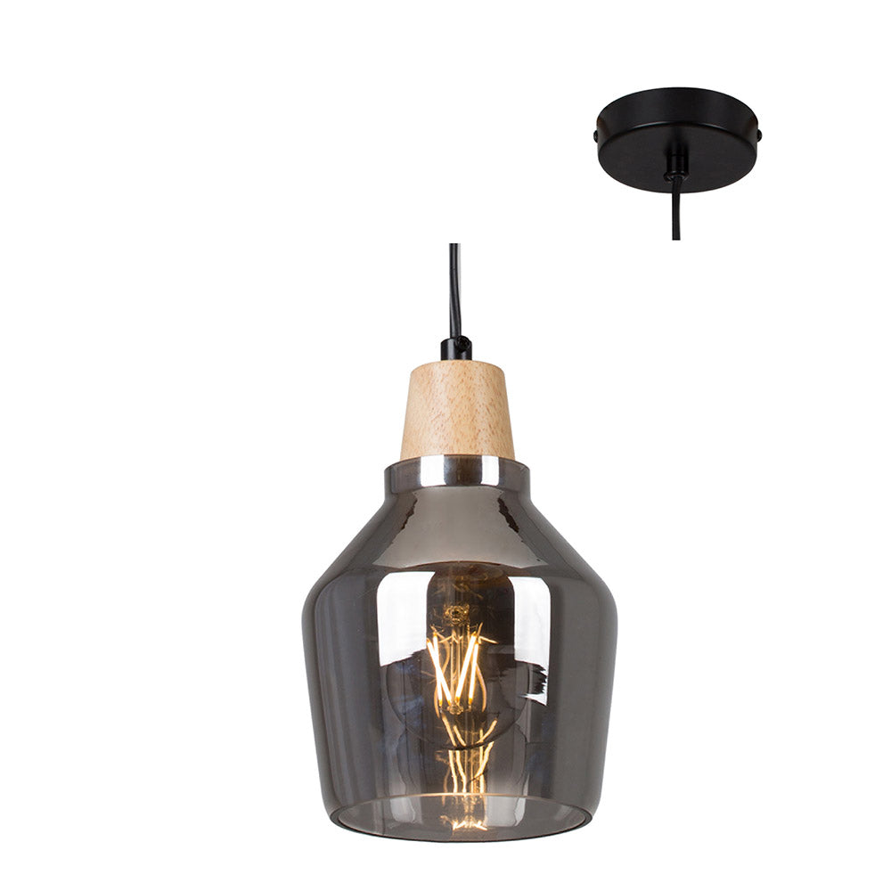 Pendant light with smoked glass shade, wooden top, and black fixture on a white background