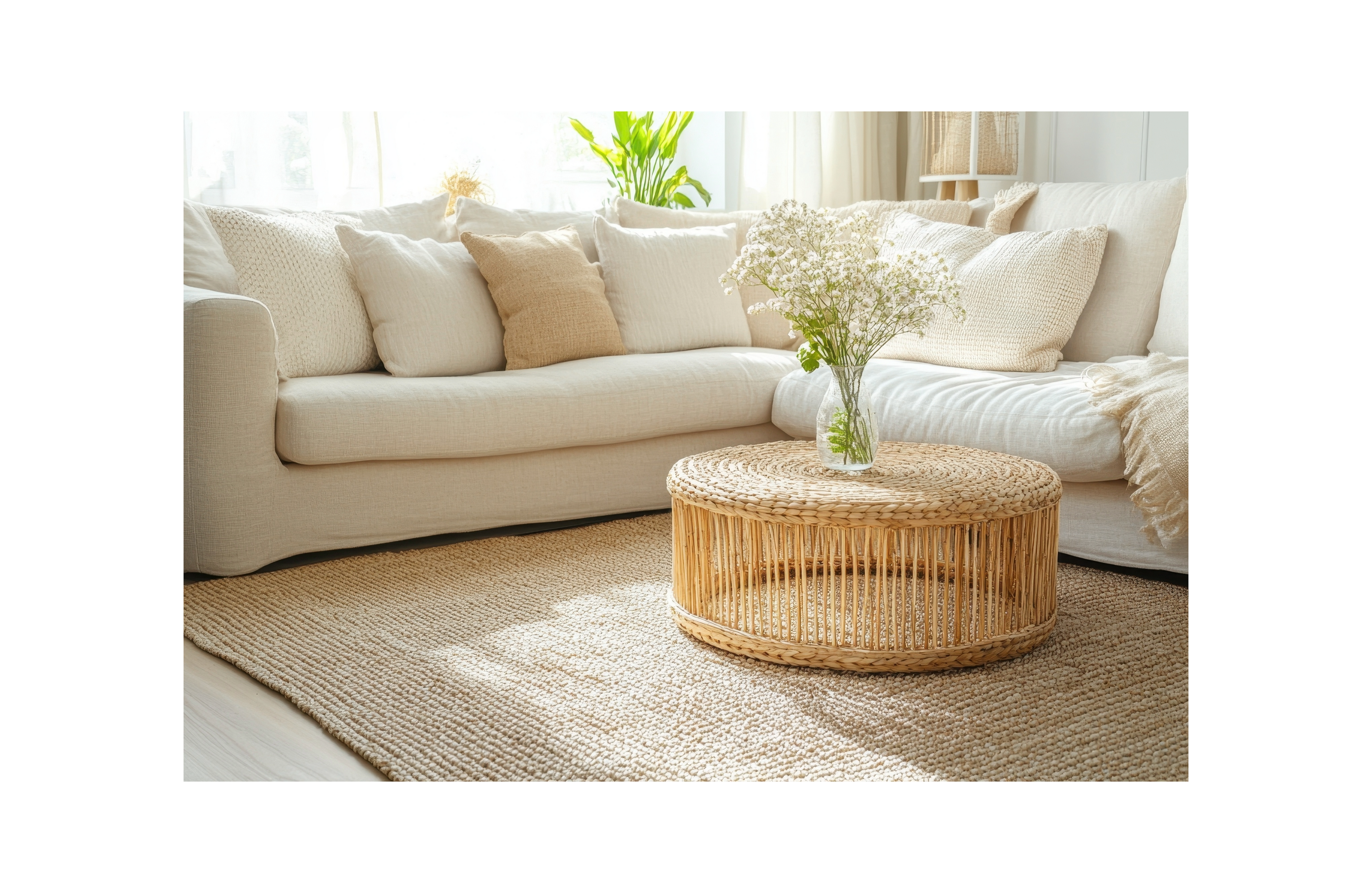 Beige sectional sofa with a woven coffee table and decorative elements in a bright room.