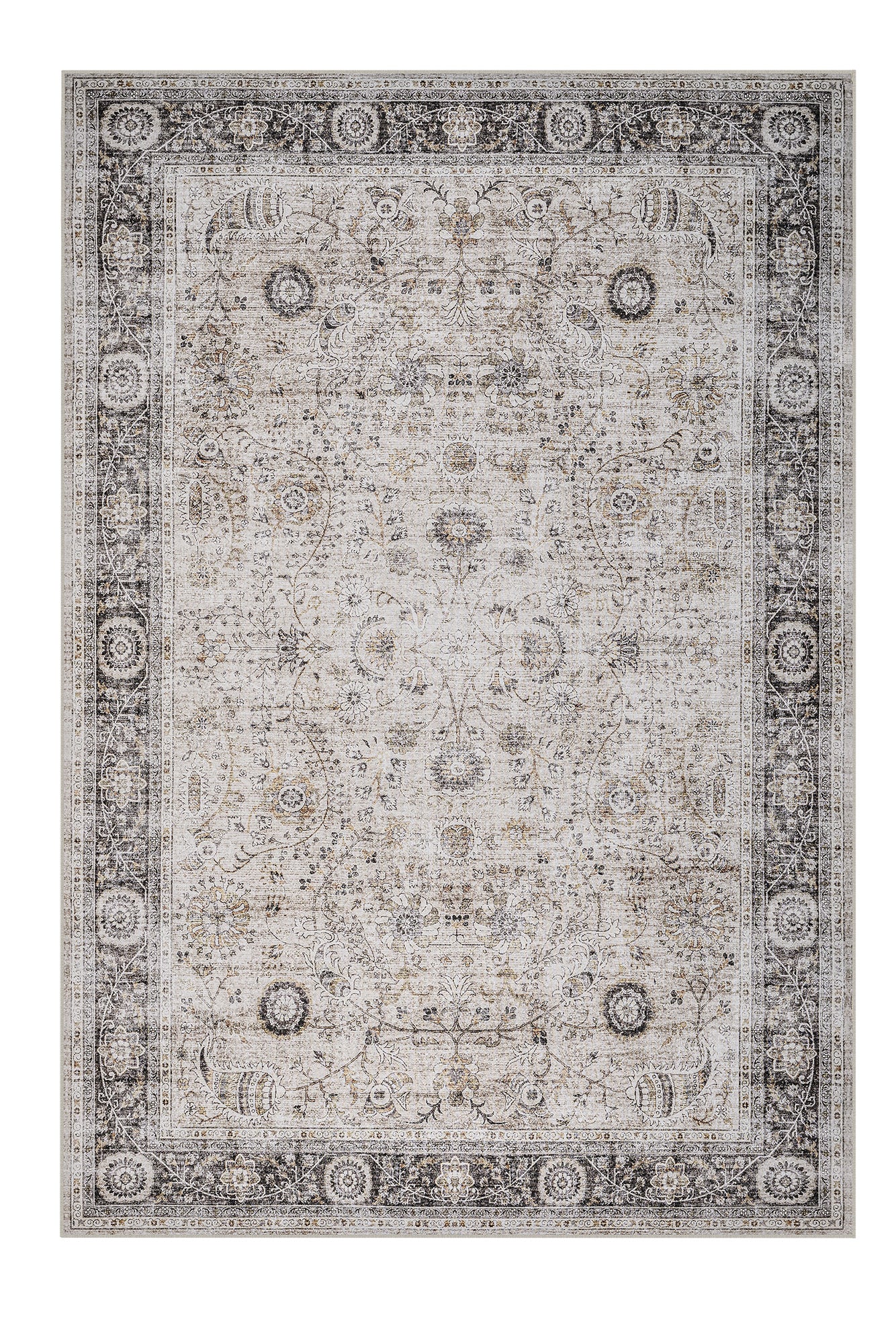 Decorative rug with intricate patterns on a white background