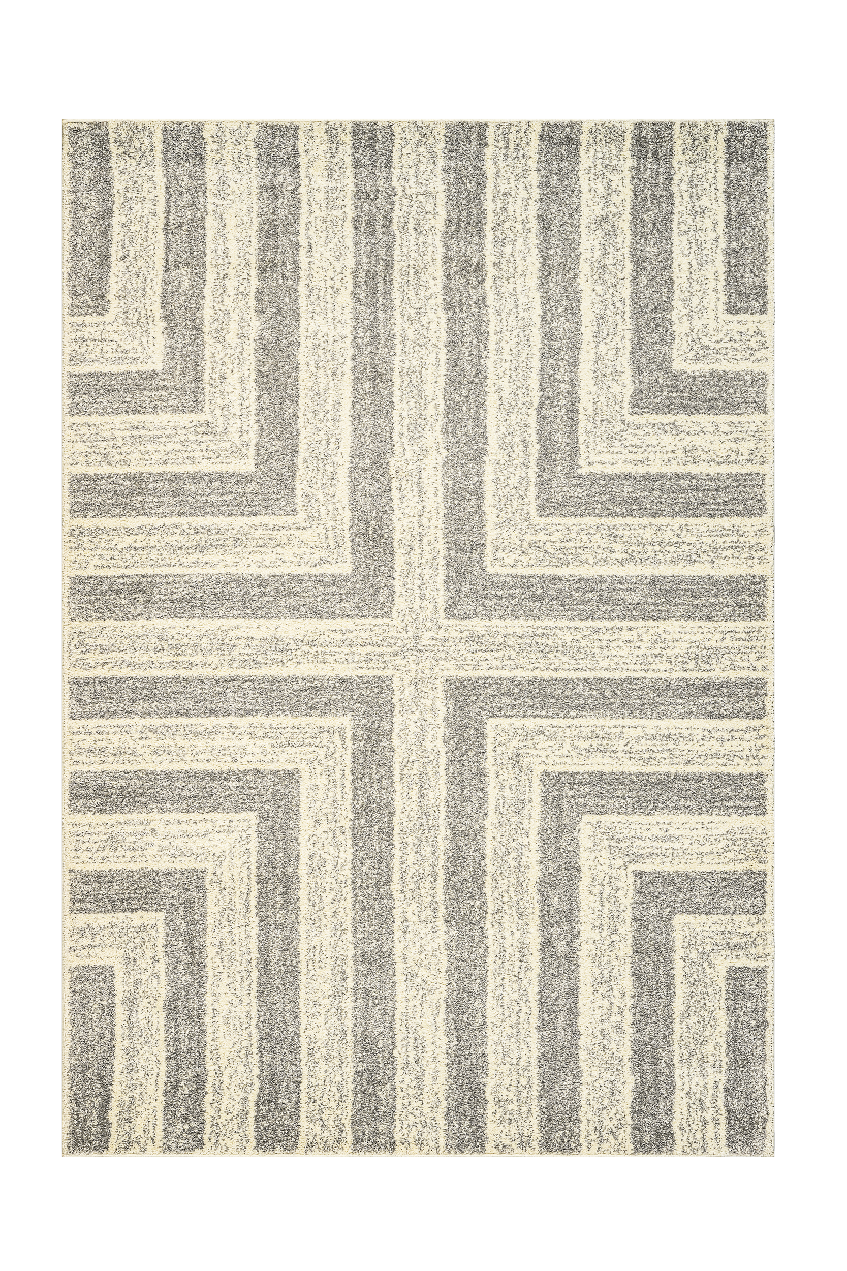 Geometric patterned rug with alternating light and dark gray stripes on a white background