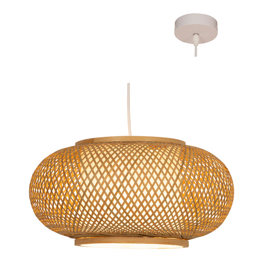 Woven pendant light with a white ceiling fixture on a white background