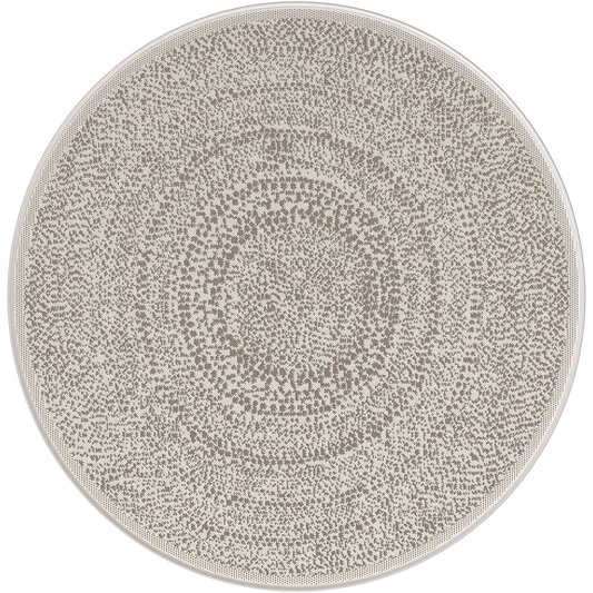 Round gray rug with a subtle pattern on a white background