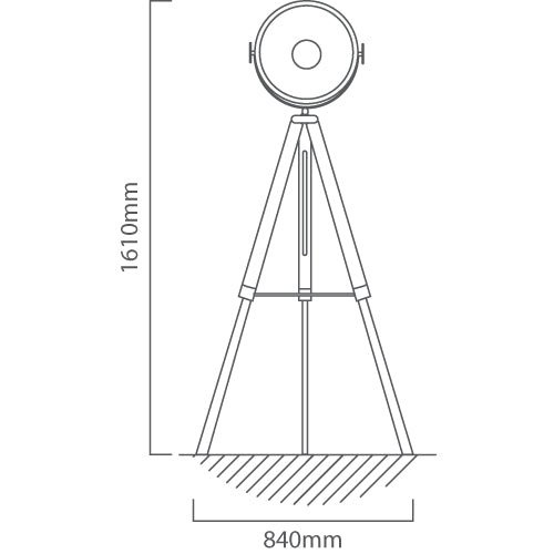 Technical drawing of a tripod with dimensions labeled
