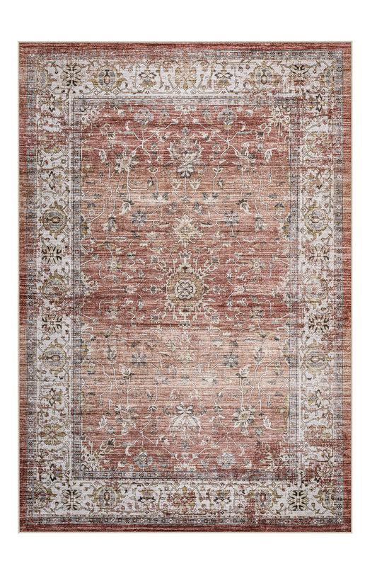 Decorative rug with intricate patterns in red and beige on a white background