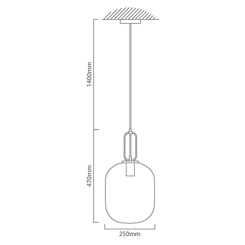 Technical drawing of a pendant light with dimensions labeled