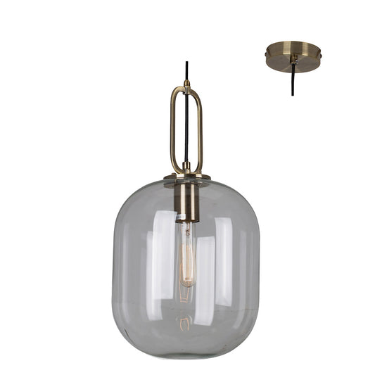 Pendant light with smoked glass shade and brass fixture on a white background