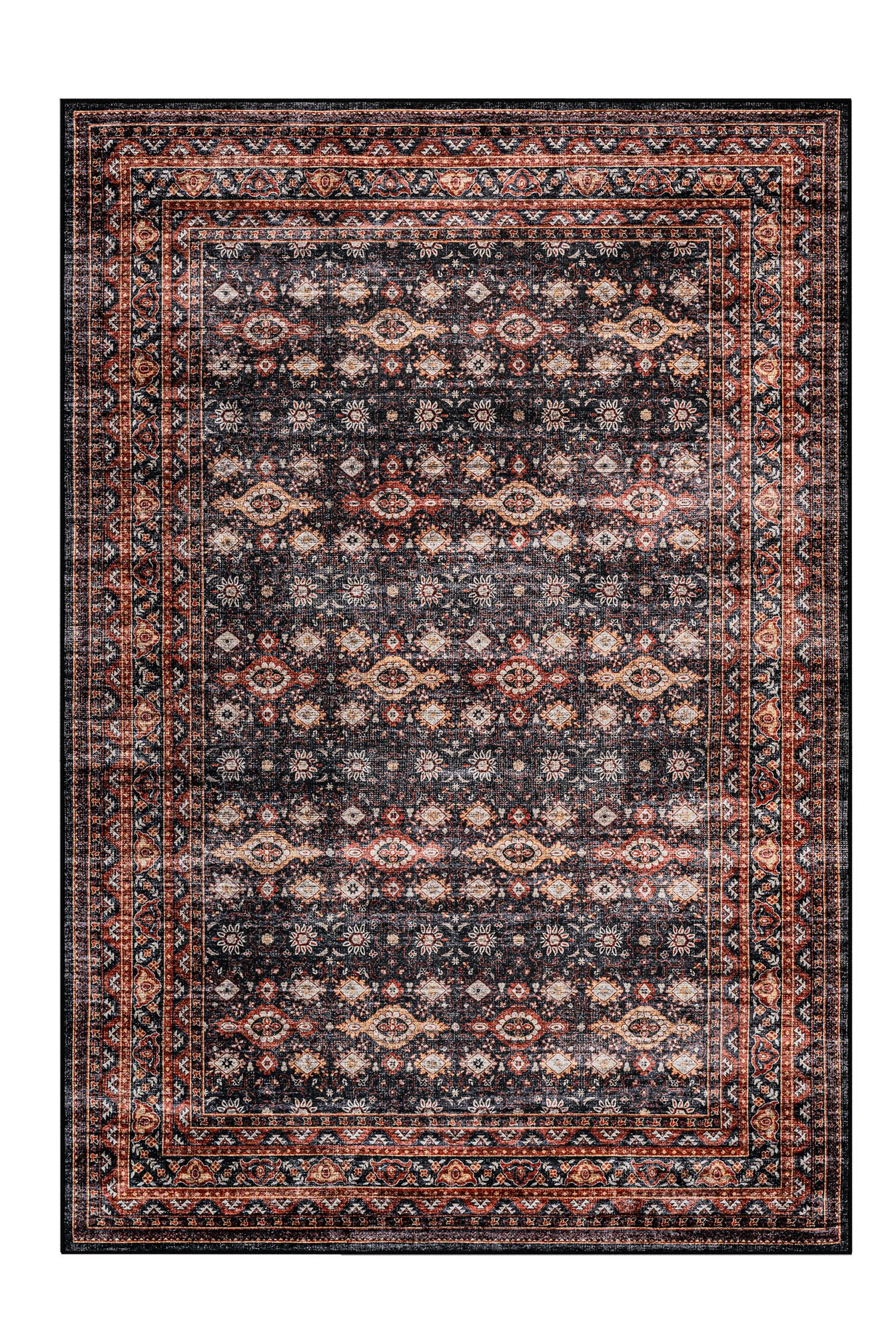 Decorative rug with intricate patterns on a black background