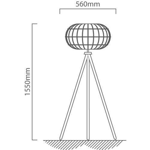 Line drawing of a tripod lamp with dimensions labeled