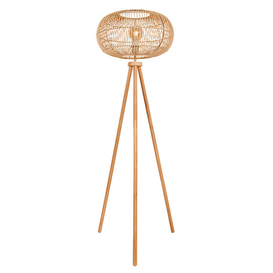 Wooden floor lamp with a woven lampshade on a white background