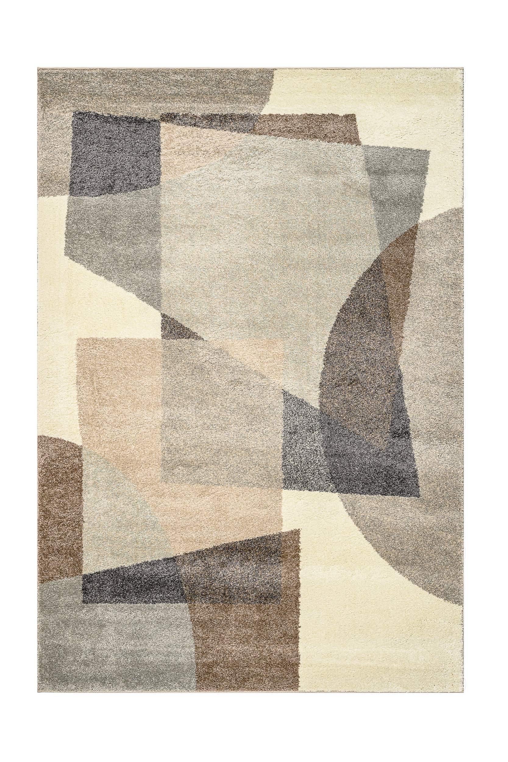 Geometric patterned rug with shades of brown, gray, and beige on a white background