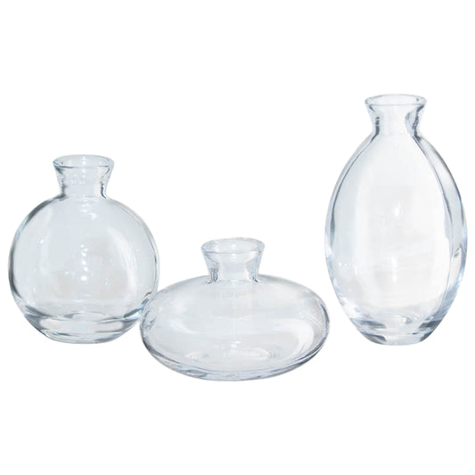Set of three clear glass vases on a white background with 'SET OF 3' text.