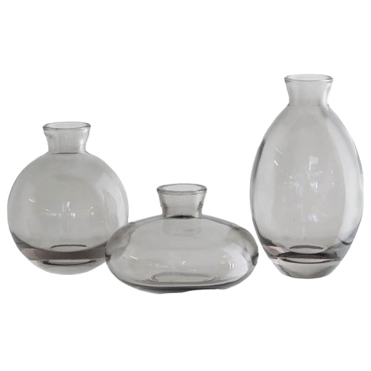 Set of three clear glass vases on a white background with 'SET OF 3' text.