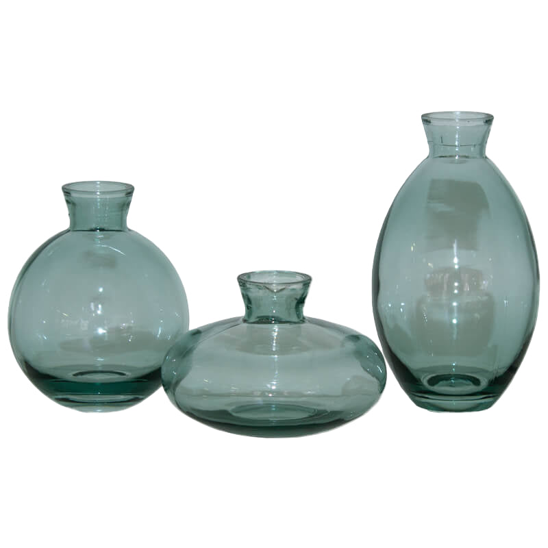 Set of three green glass vases on a white background with 'SET OF 3' text.