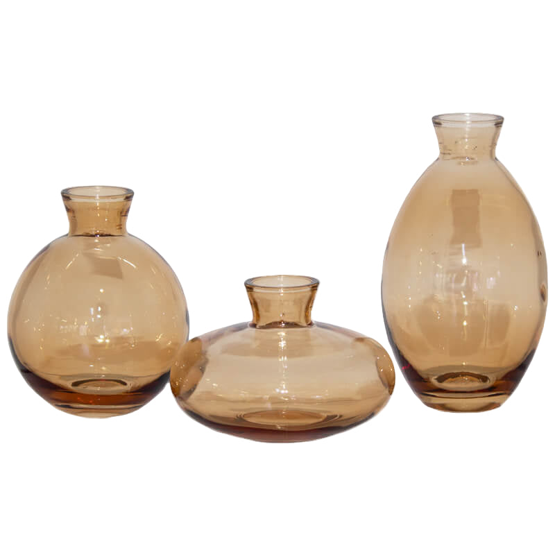 Set of three amber glass vases on a white background with 'SET OF 3' label.
