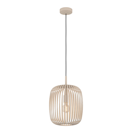 Pendant light with wooden cage design on a white background