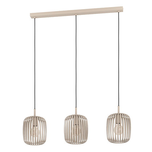 Three pendant lights with cage-style shades hanging from a wooden bar on a white background.