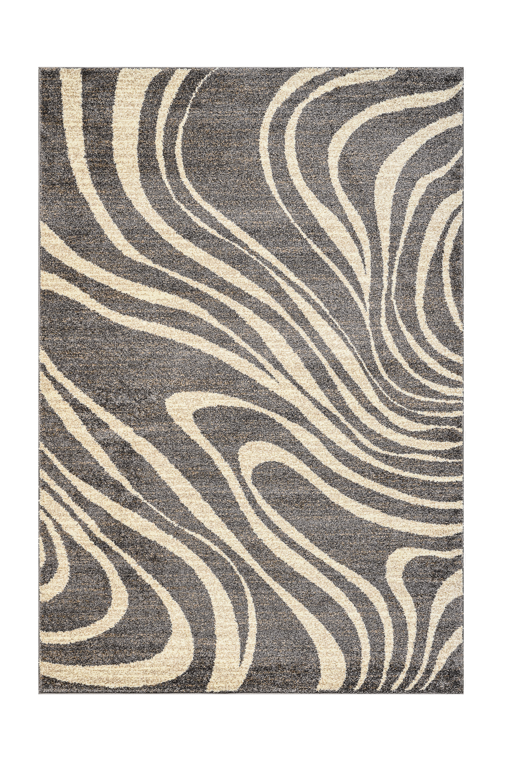 Rug with wavy pattern in gray and beige on a white background