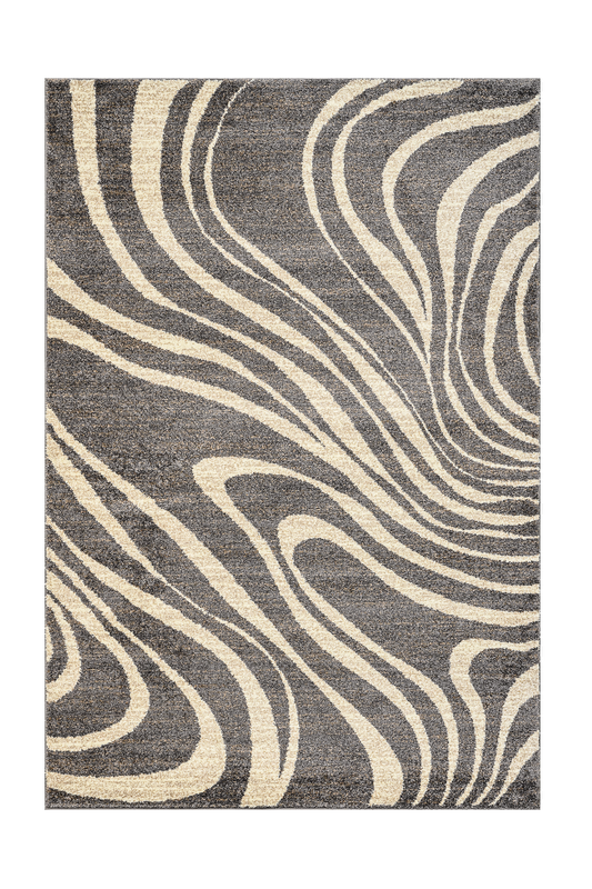 Rug with wavy pattern in gray and beige on a white background