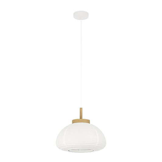 Pendant light with white glass shade and gold fixture on a white background