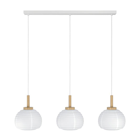 Modern pendant light with three glass shades on a white background
