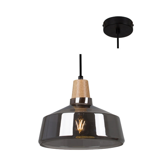 Black pendant light with wooden accent on a white background