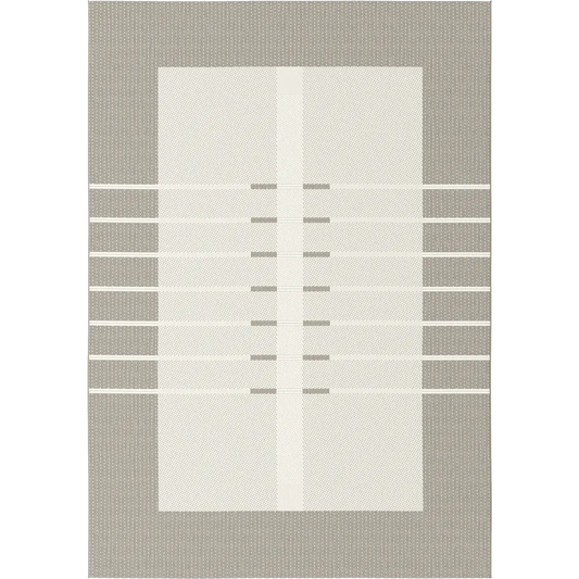 Rectangular area rug with a geometric pattern on a plain background